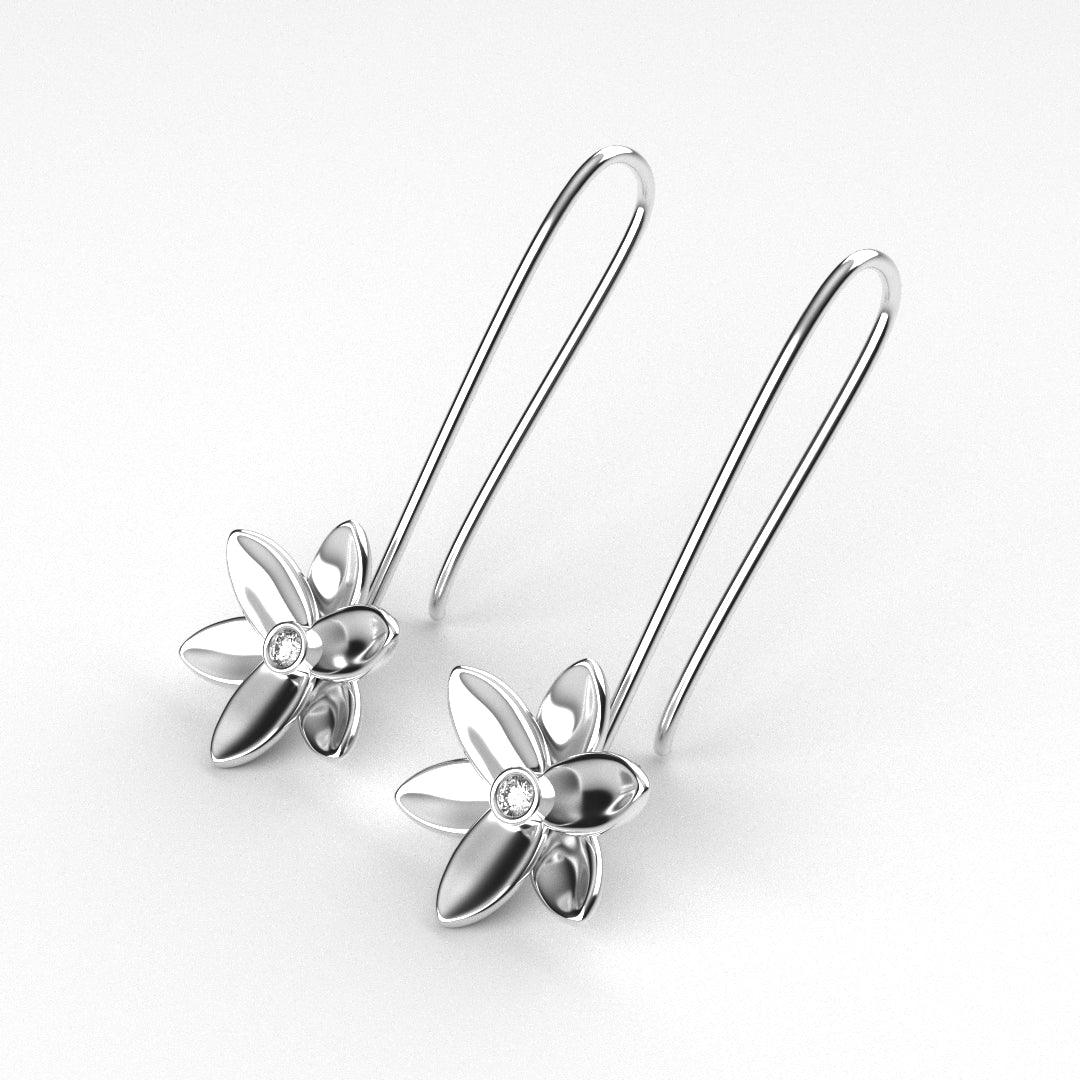 Silver flower-shaped earrings on a white background
